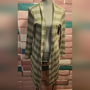 Striped Light Green Open-Front Cardigan